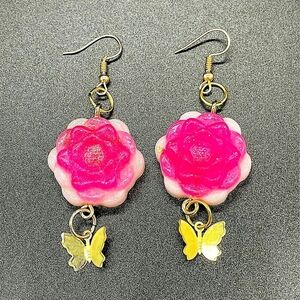 Bright White Pink Gold Foil Infused Flower Butterfly Charm Earrings